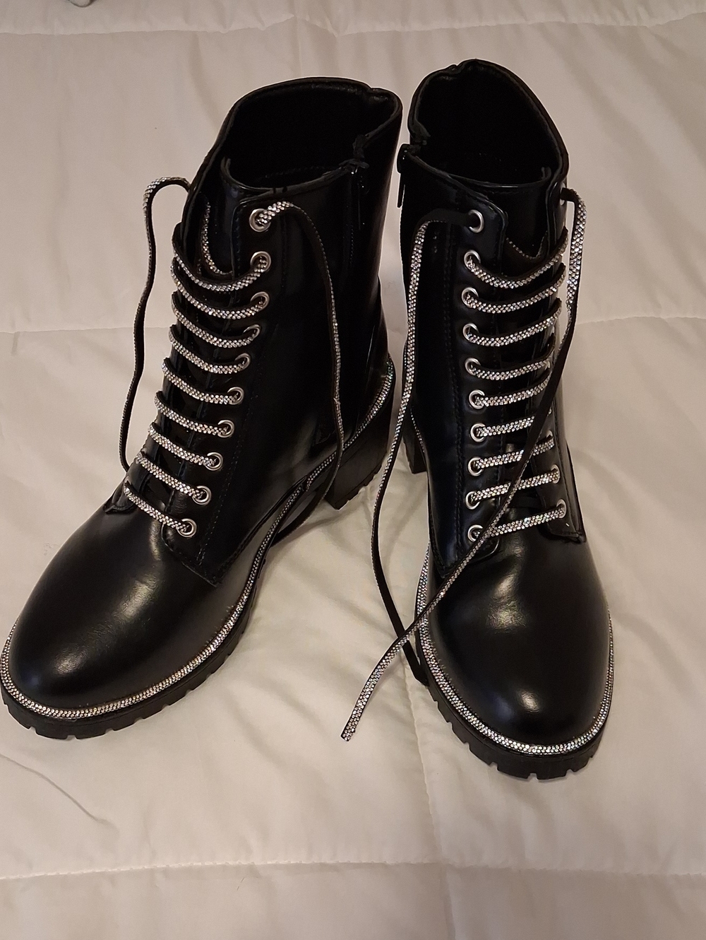 Black Lace-Up Rhinestone Combat Boots